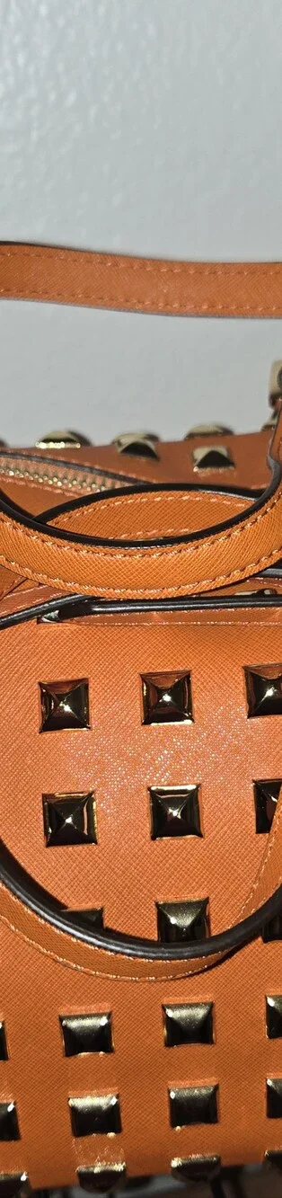 Michael Kors Orange Studded Satchel w/ Strap | Gold Hardware | Like New - Picture 2 of 5
